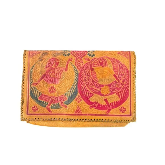 Vintage Hand Tooled 3 Piece Set Leather Clutch Wallet Coin Purse India Estate
